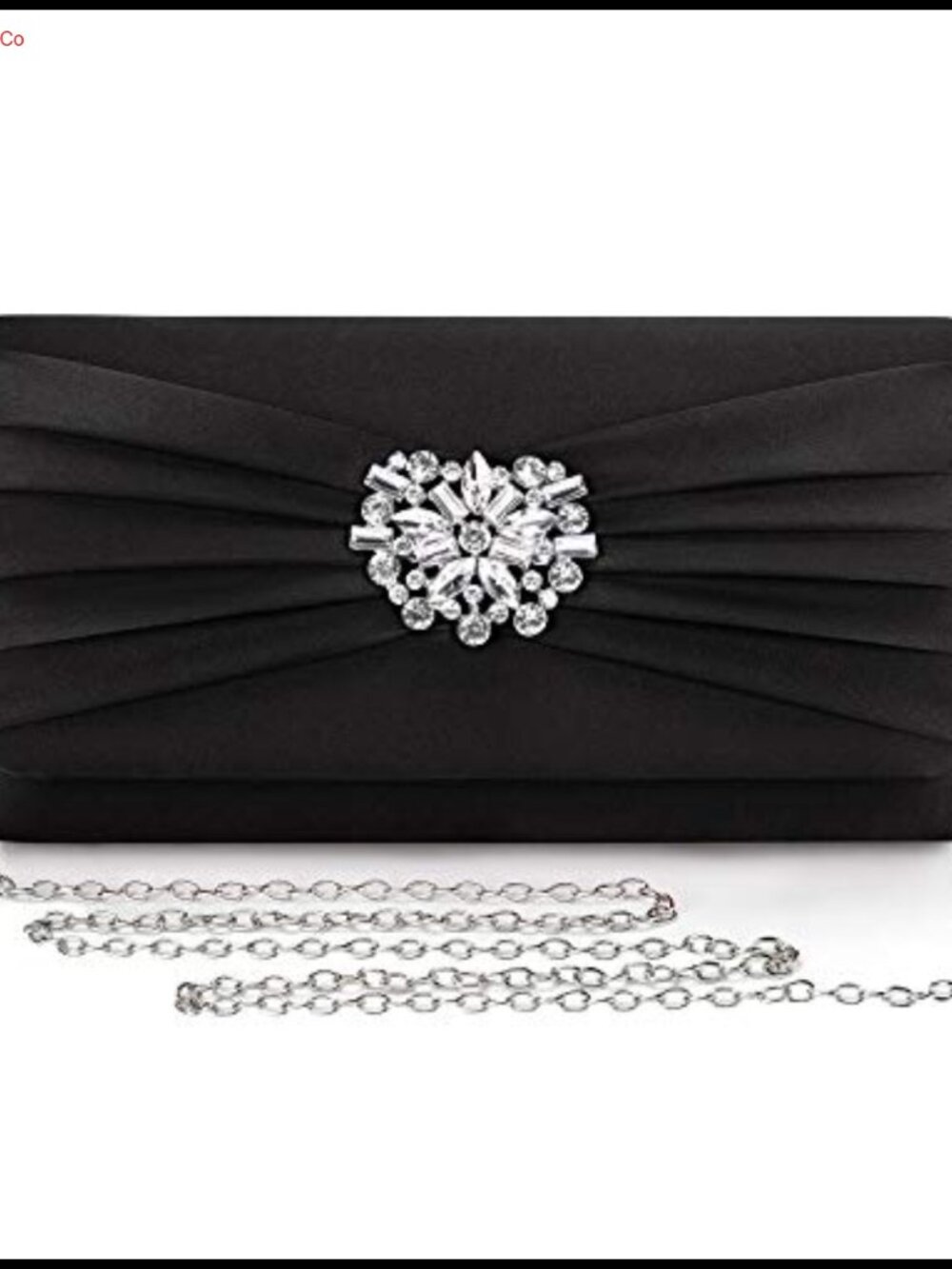 Pleated Satin Rhinestone Brooch Clutch Evening Bag Detachable Chain